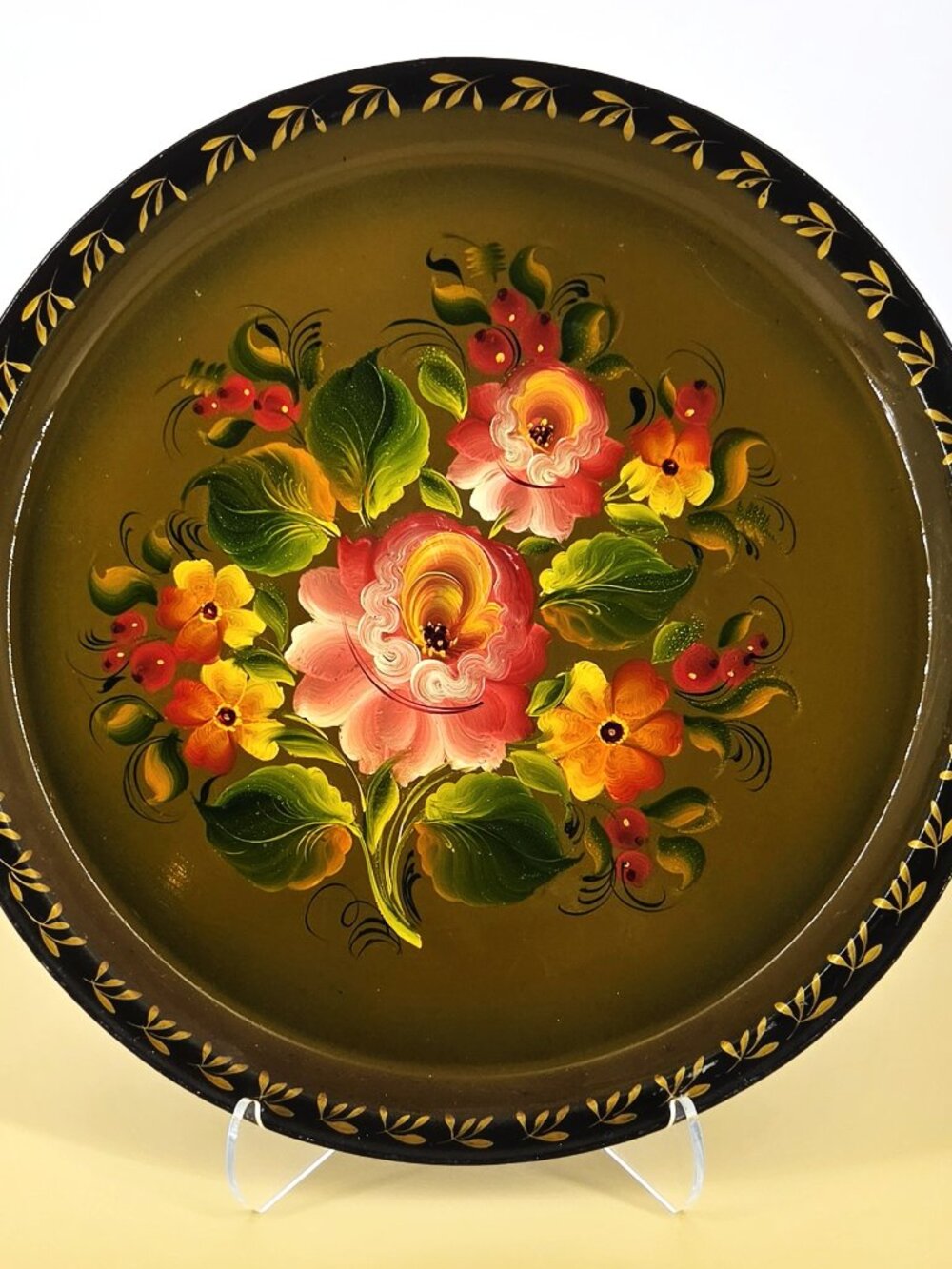 Russian Zhostovo Art VTG Hand Painted Enamel Floral Round Metal Tray 10.5" Wide